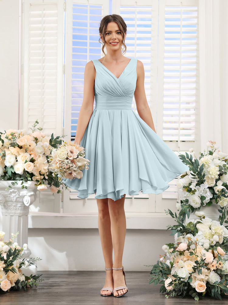 A Line V Neck Sleeveless Ruched Chiffon Short Bridesmaid Dresses Lavetir UK