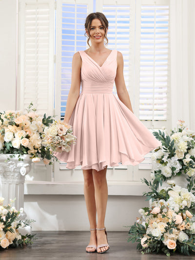 A-Line V-Neck Sleeveless Ruched Chiffon Short Bridesmaid Dresses