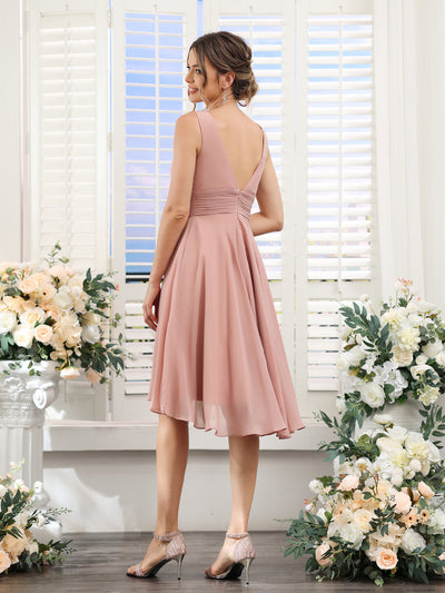 A-Line V-Neck Ruched Sleeveless Short Chiffon Bridesmaid Dresses