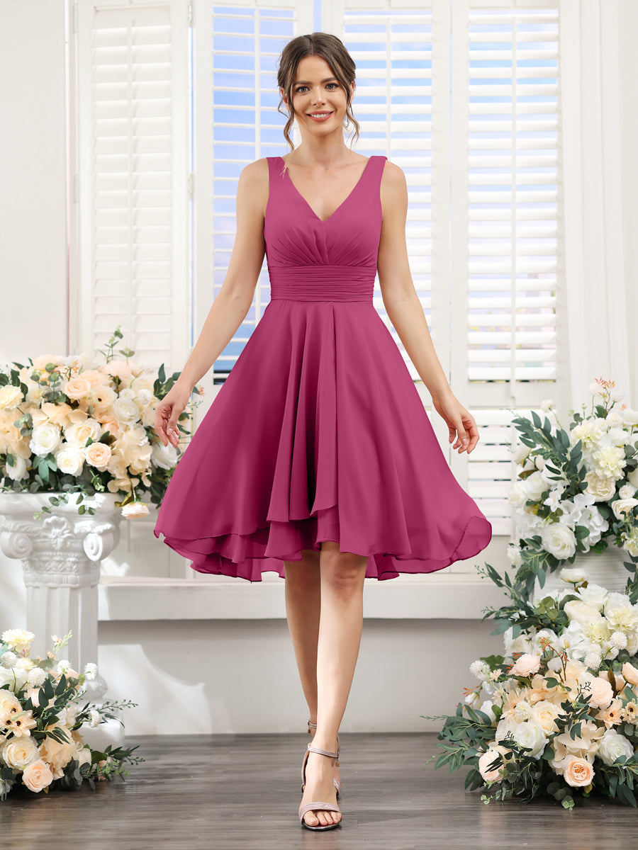 A-Line V-Neck Ruched Sleeveless Short Chiffon Bridesmaid Dresses