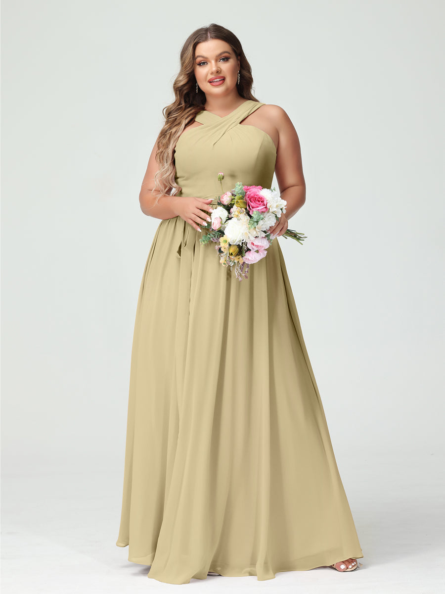 A Line Princess Criss Cross Sleeveless Chiffon Plus Size Bridesmaid Dr Lavetir UK