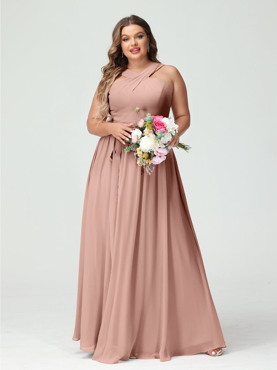 A-Line/Princess Criss Cross Sleeveless Chiffon Plus Size Bridesmaid Dresses with Sash