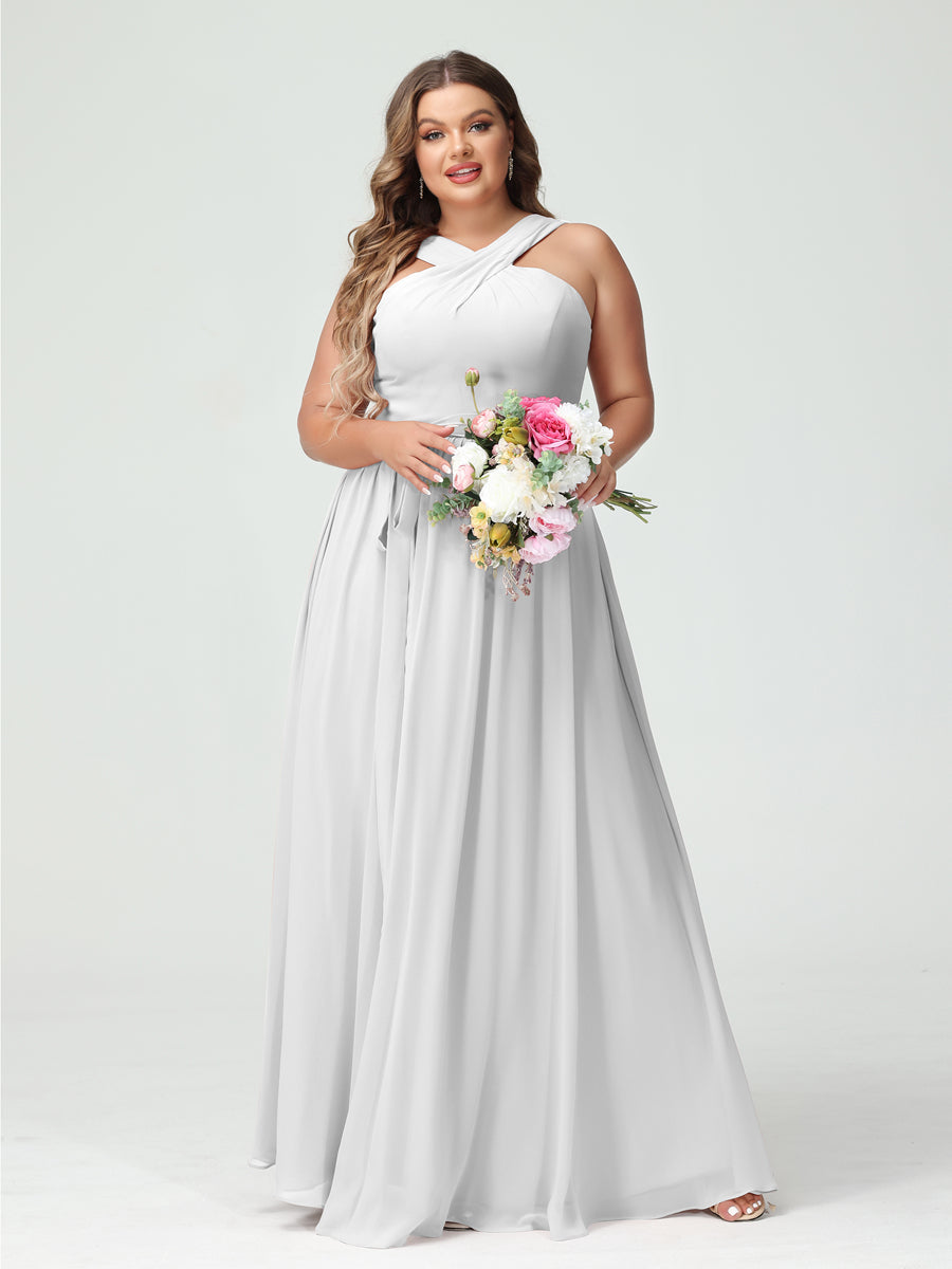 A-Line/Princess Criss Cross Sleeveless Chiffon Plus Size Bridesmaid Dresses with Sash