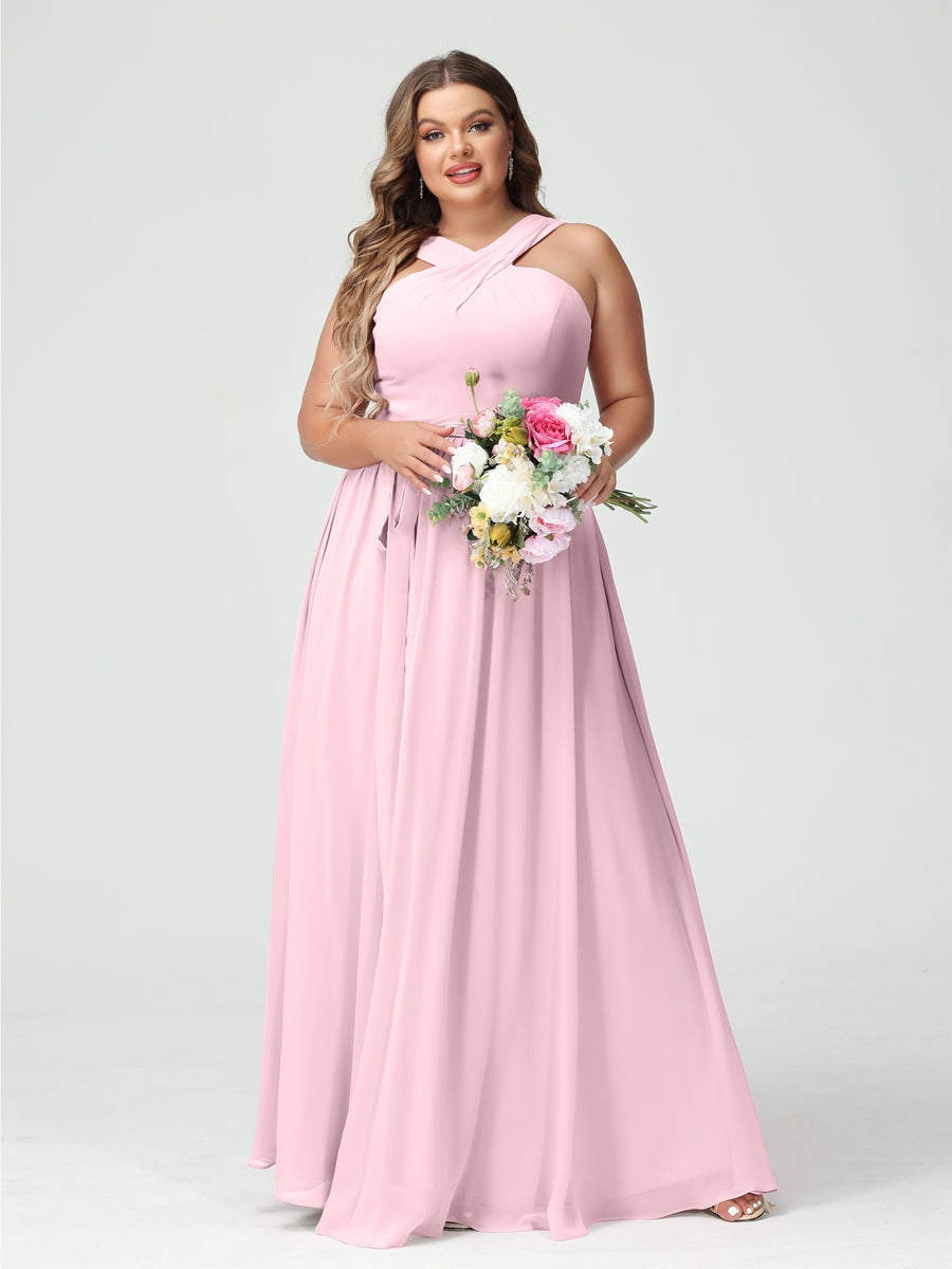 A-Line/Princess Criss Cross Sleeveless Chiffon Plus Size Bridesmaid Dresses with Sash