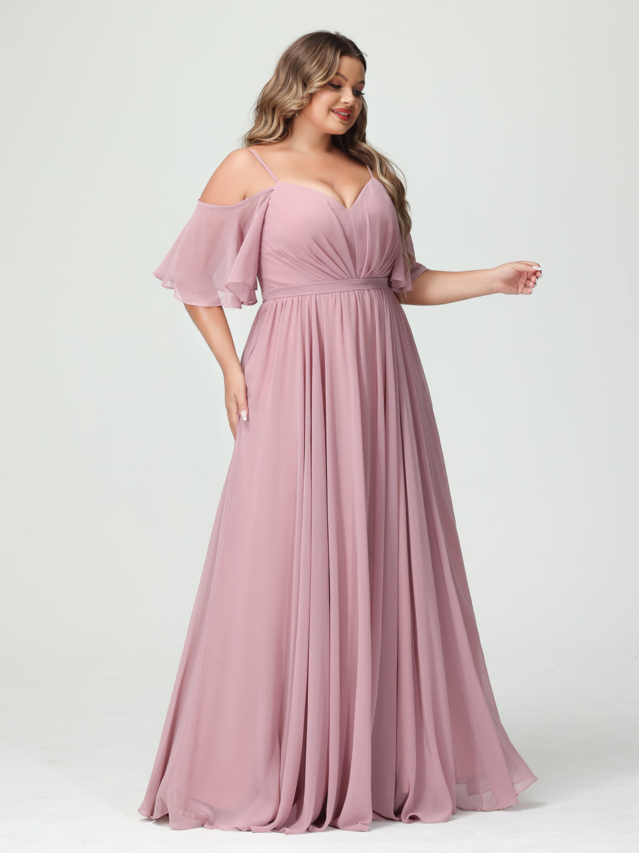 A-Line/Princess Spaghetti Straps Half Sleeves Chiffon Plus Size Bridesmaid Dresses with Pockets