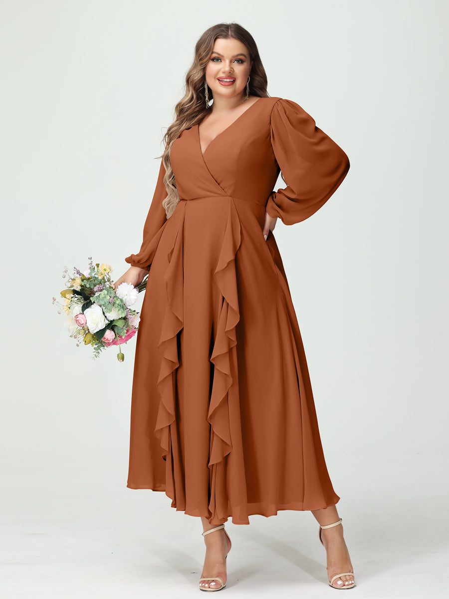 A-Line/Princess V-Neck Long Sleeves Chiffon Tea-Length Ruffles Plus Size Bridesmaid Dresses with Pockets