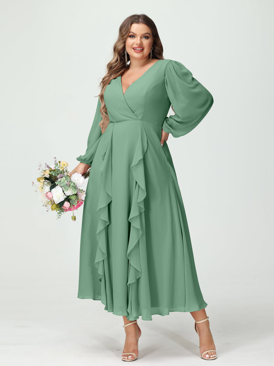 A-Line/Princess V-Neck Long Sleeves Chiffon Tea-Length Ruffles Plus Size Bridesmaid Dresses with Pockets