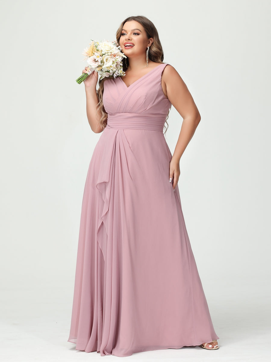 A-Line/Princess V-Neck Sleeveless Chiffon Ruffles Plus Size Bridesmaid Dresses with Pockets