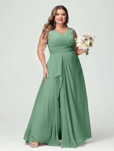 A-Line/Princess V-Neck Sleeveless Chiffon Ruffles Plus Size Bridesmaid Dresses with Pockets