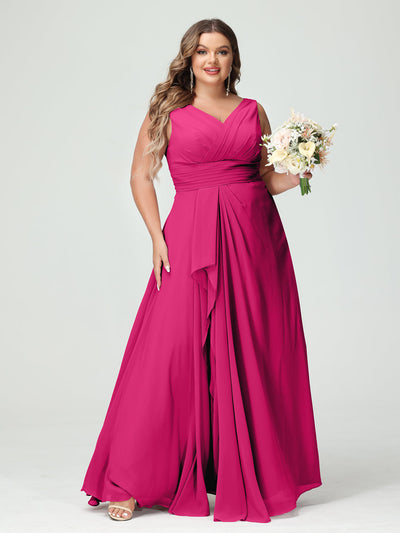 A-Line/Princess V-Neck Sleeveless Chiffon Ruffles Plus Size Bridesmaid Dresses with Pockets