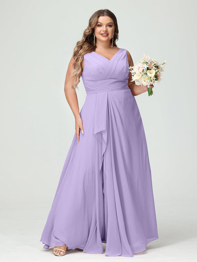 A-Line/Princess V-Neck Sleeveless Chiffon Ruffles Plus Size Bridesmaid Dresses with Pockets