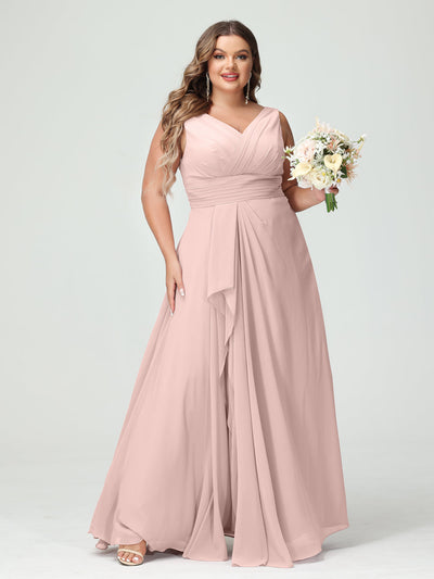 A-Line/Princess V-Neck Sleeveless Chiffon Ruffles Plus Size Bridesmaid Dresses with Pockets