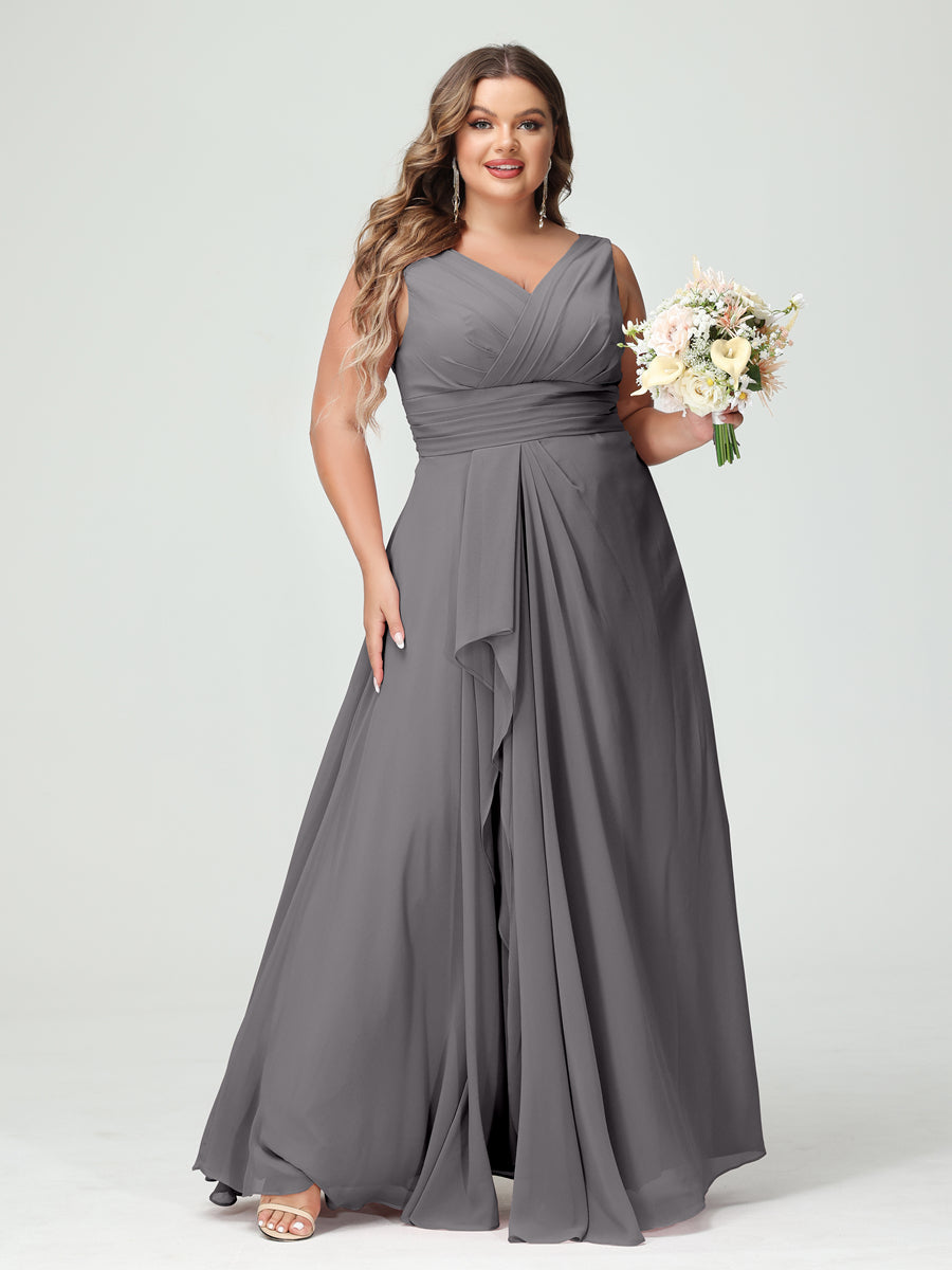 A-Line/Princess V-Neck Sleeveless Chiffon Ruffles Plus Size Bridesmaid Dresses with Pockets