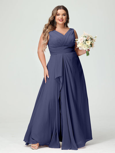 A-Line/Princess V-Neck Sleeveless Chiffon Ruffles Plus Size Bridesmaid Dresses with Pockets