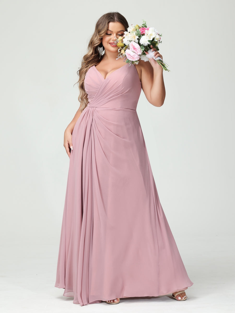 A-Line/Princess Spaghetti Straps Sleeveless Chiffon Split Side Plus Size Bridesmaid Dresses with Pockets