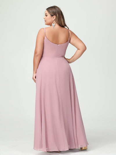 A-Line/Princess Spaghetti Straps Sleeveless Chiffon Split Side Plus Size Bridesmaid Dresses with Pockets