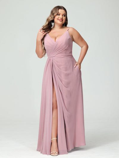 A-Line/Princess Spaghetti Straps Sleeveless Chiffon Split Side Plus Size Bridesmaid Dresses with Pockets