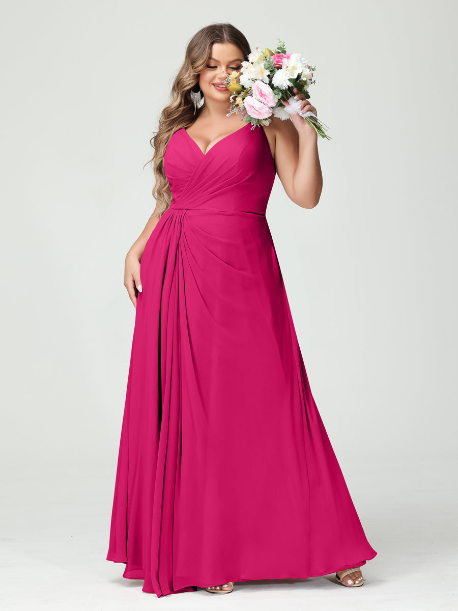 A-Line/Princess Spaghetti Straps Sleeveless Chiffon Split Side Plus Size Bridesmaid Dresses with Pockets