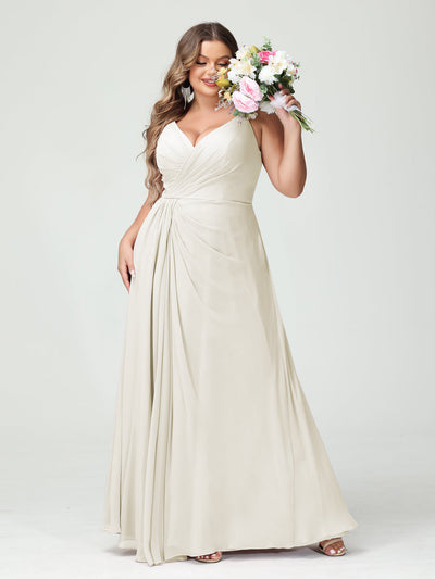 A-Line/Princess Spaghetti Straps Sleeveless Chiffon Split Side Plus Size Bridesmaid Dresses with Pockets