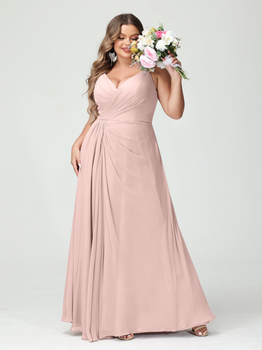 A-Line/Princess Spaghetti Straps Sleeveless Chiffon Split Side Plus Size Bridesmaid Dresses with Pockets