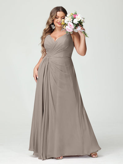 A-Line/Princess Spaghetti Straps Sleeveless Chiffon Split Side Plus Size Bridesmaid Dresses with Pockets