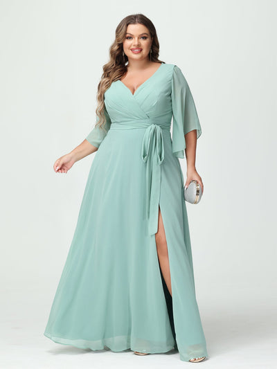 A-Line/Princess V-Neck Long Sleeves Chiffon Split Side Plus Size Bridesmaid Dresses With Pockets Belt