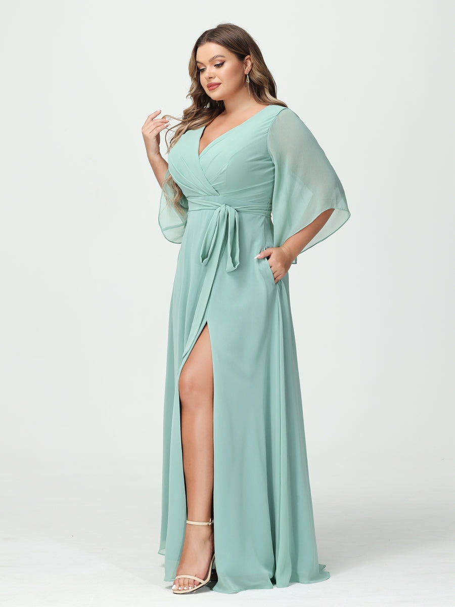 A-Line/Princess V-Neck Long Sleeves Chiffon Split Side Plus Size Bridesmaid Dresses With Pockets Belt