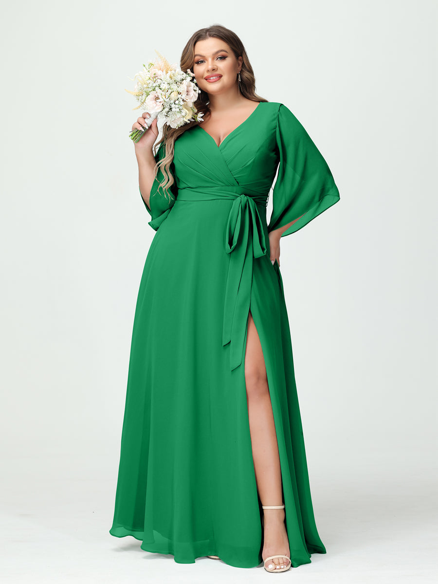 A-Line/Princess V-Neck Long Sleeves Chiffon Split Side Plus Size Bridesmaid Dresses With Pockets Belt