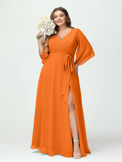 A-Line/Princess V-Neck Long Sleeves Chiffon Split Side Plus Size Bridesmaid Dresses With Pockets Belt