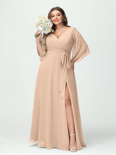 A-Line/Princess V-Neck Long Sleeves Chiffon Split Side Plus Size Bridesmaid Dresses With Pockets Belt