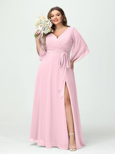 A-Line/Princess V-Neck Long Sleeves Chiffon Split Side Plus Size Bridesmaid Dresses With Pockets Belt