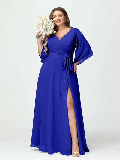 A-Line/Princess V-Neck Long Sleeves Chiffon Split Side Plus Size Bridesmaid Dresses With Pockets Belt