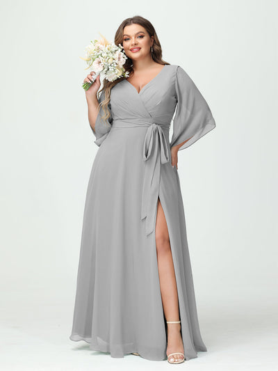 A-Line/Princess V-Neck Long Sleeves Chiffon Split Side Plus Size Bridesmaid Dresses With Pockets Belt