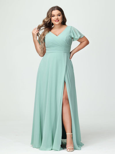 A-Line/Princess V-Neck Short Sleeves Chiffon Split Side Plus Size Bridesmaid Dresses with Pockets