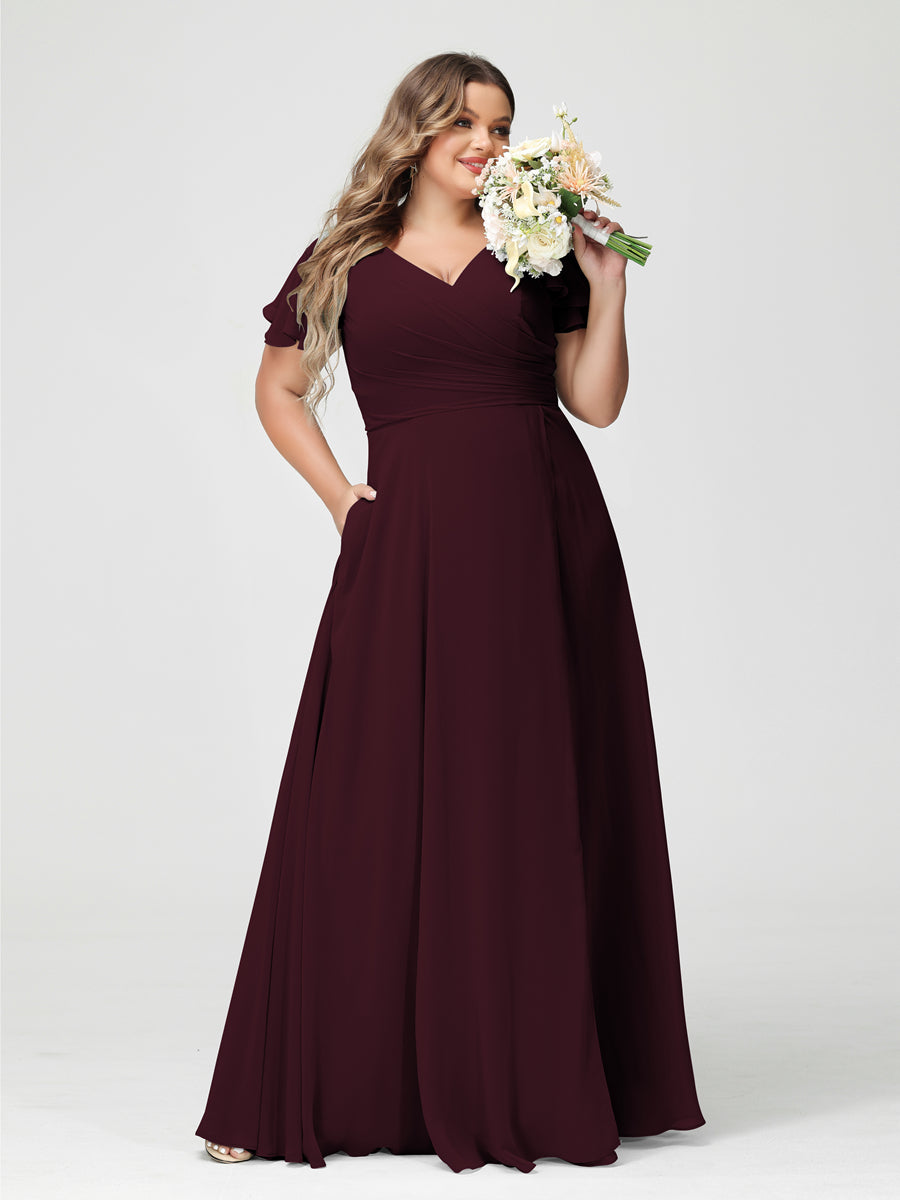 A-Line/Princess V-Neck Short Sleeves Chiffon Split Side Plus Size Bridesmaid Dresses with Pockets