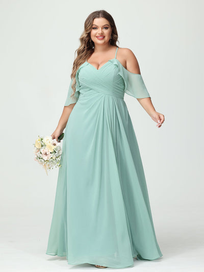 A-Line/Princess Spaghetti Straps Short Sleeves Chiffon Ruched Split Side Plus Size Bridesmaid Dresses with Pockets