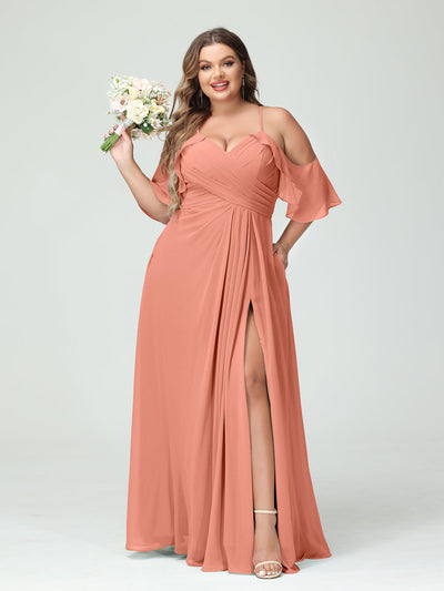 A-Line/Princess Spaghetti Straps Short Sleeves Chiffon Ruched Split Side Plus Size Bridesmaid Dresses with Pockets