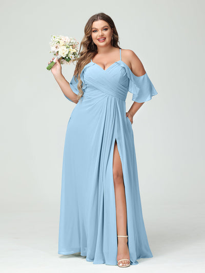 A-Line/Princess Spaghetti Straps Short Sleeves Chiffon Ruched Split Side Plus Size Bridesmaid Dresses with Pockets