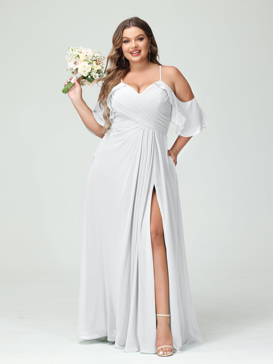 A-Line/Princess Spaghetti Straps Short Sleeves Chiffon Ruched Split Side Plus Size Bridesmaid Dresses with Pockets