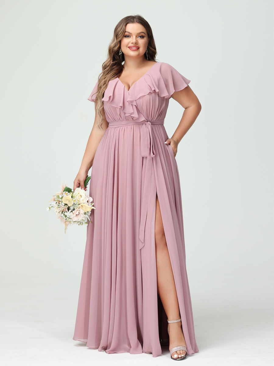 A-Line/Princess V-Neck Short Sleeves Chiffon Ruffles Plus Size Bridesmaid Dresses With Pockets