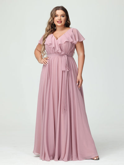 A-Line/Princess V-Neck Short Sleeves Chiffon Ruffles Plus Size Bridesmaid Dresses With Pockets