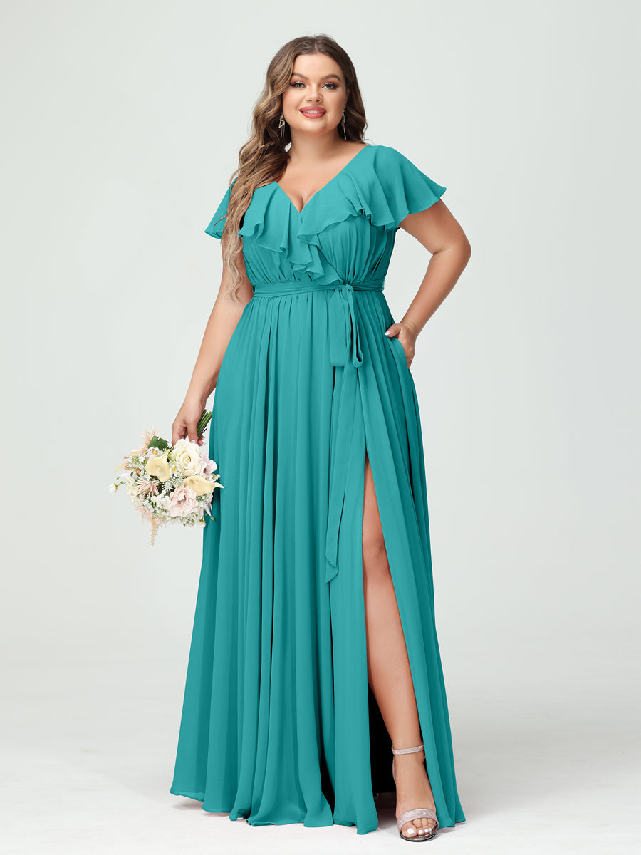 A-Line/Princess V-Neck Short Sleeves Chiffon Ruffles Plus Size Bridesmaid Dresses With Pockets