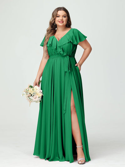 A-Line/Princess V-Neck Short Sleeves Chiffon Ruffles Plus Size Bridesmaid Dresses With Pockets