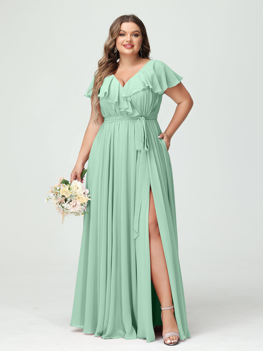 A-Line/Princess V-Neck Short Sleeves Chiffon Ruffles Plus Size Bridesmaid Dresses With Pockets