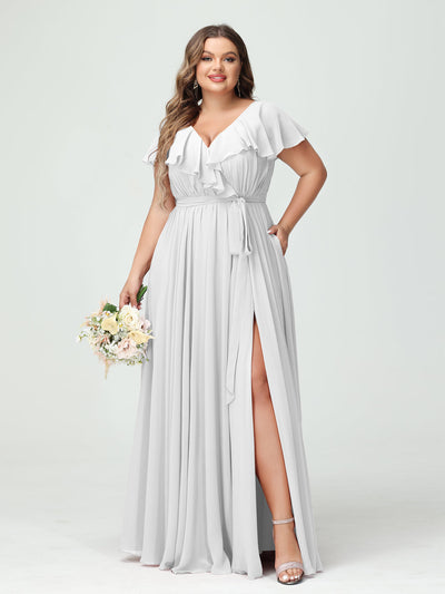 A-Line/Princess V-Neck Short Sleeves Chiffon Ruffles Plus Size Bridesmaid Dresses With Pockets