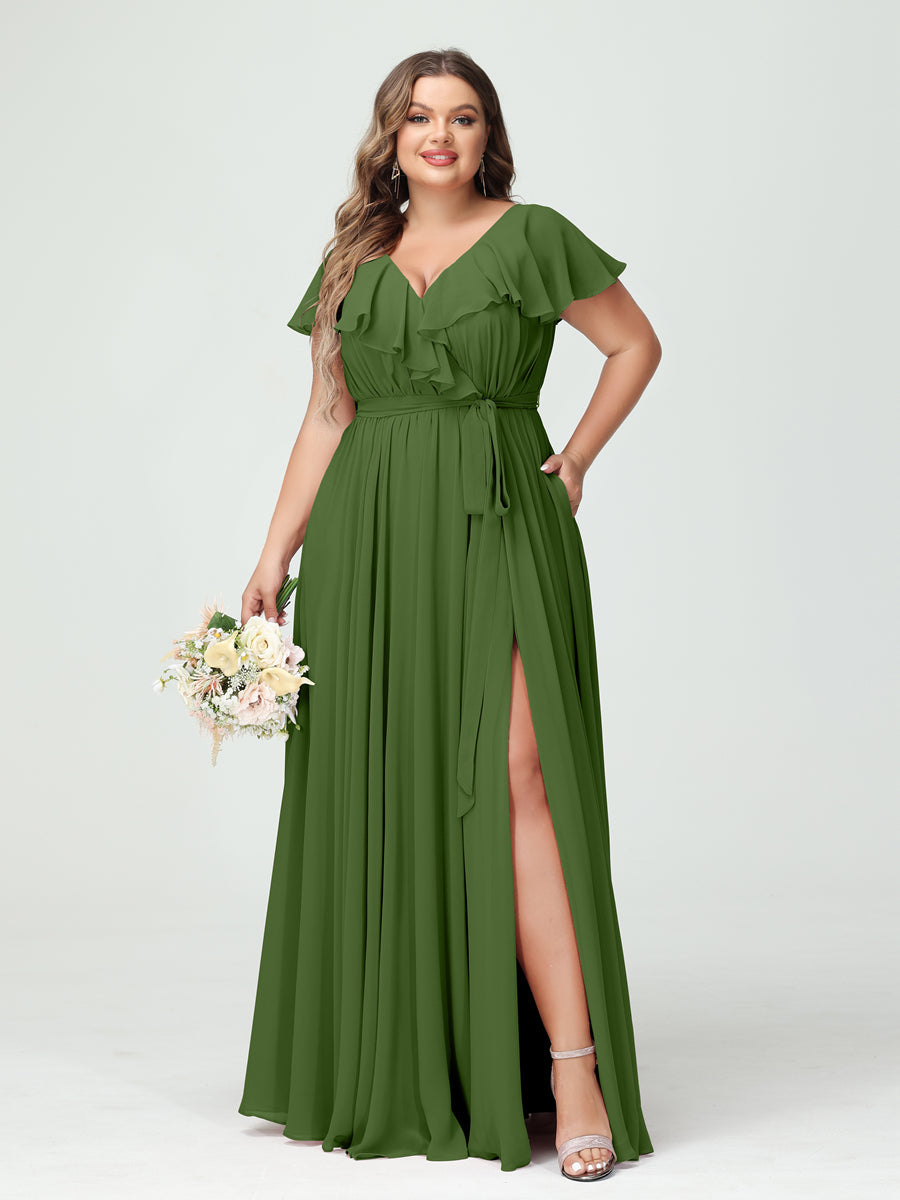 A-Line/Princess V-Neck Short Sleeves Chiffon Ruffles Plus Size Bridesmaid Dresses With Pockets