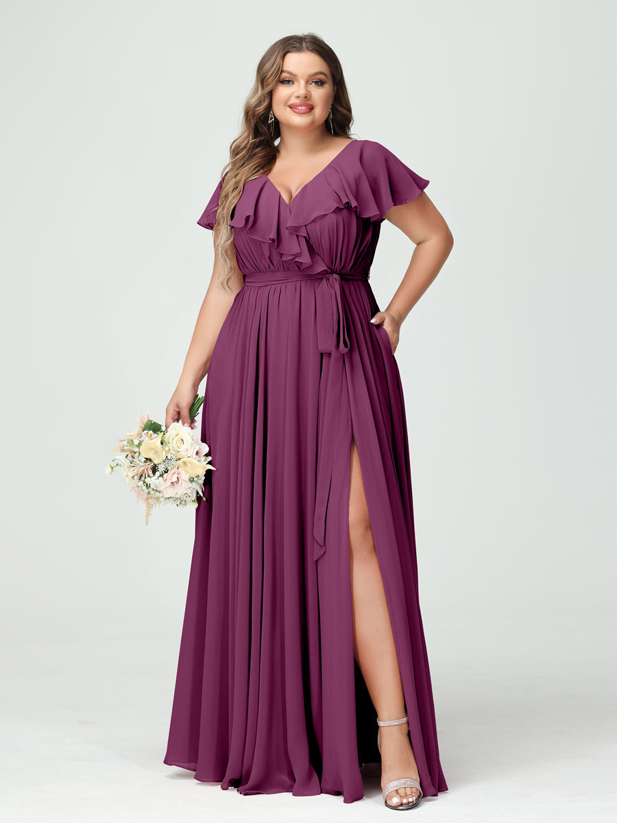 A-Line/Princess V-Neck Short Sleeves Chiffon Ruffles Plus Size Bridesmaid Dresses With Pockets