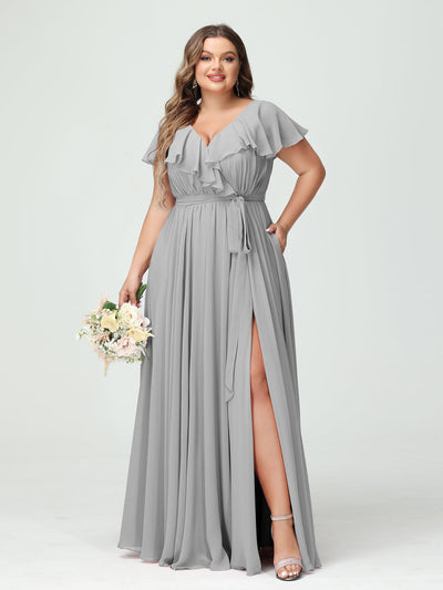 A-Line/Princess V-Neck Short Sleeves Chiffon Ruffles Plus Size Bridesmaid Dresses With Pockets