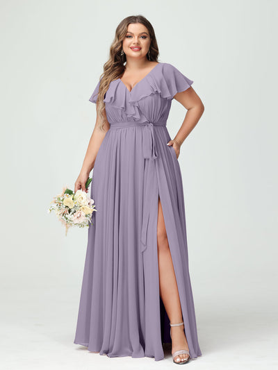 A-Line/Princess V-Neck Short Sleeves Chiffon Ruffles Plus Size Bridesmaid Dresses With Pockets