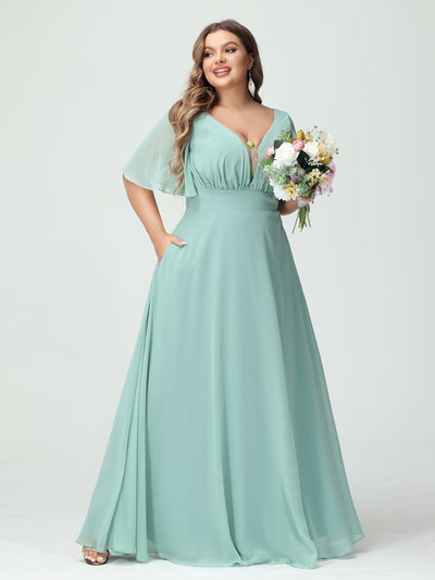 A-Line/Princess V-Neck Half Sleeves Chiffon Plus Size Bridesmaid Dresses with Pockets